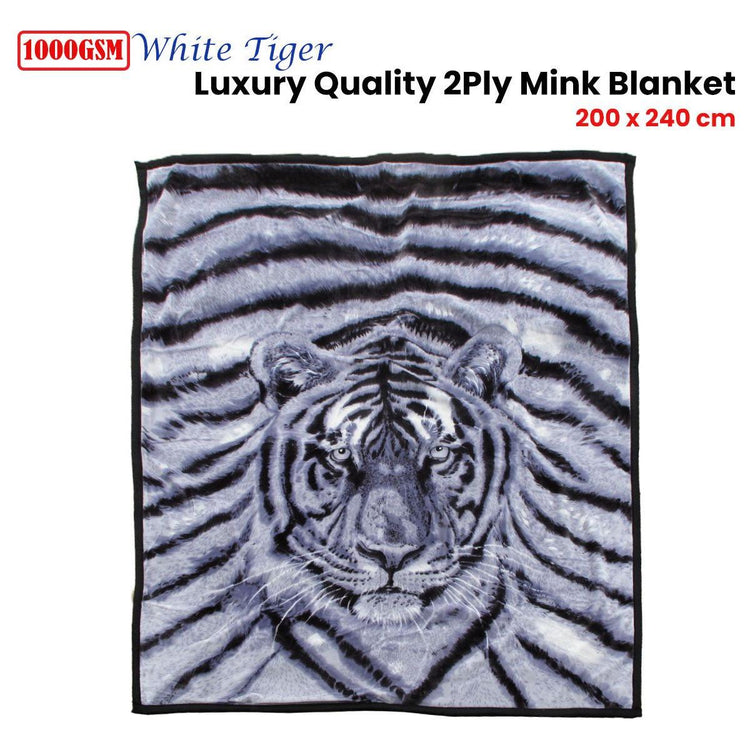 1000GSM White Tiger Luxury Quality 2 Ply Mink Blanket 200 x 240 cm - Magdasmall