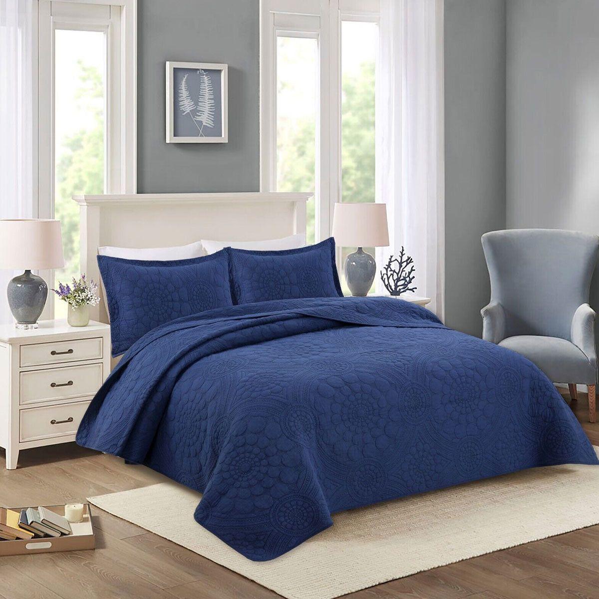 100% Cotton Lightly Quilted Coverlet Set Unity Navy Queen - Magdasmall