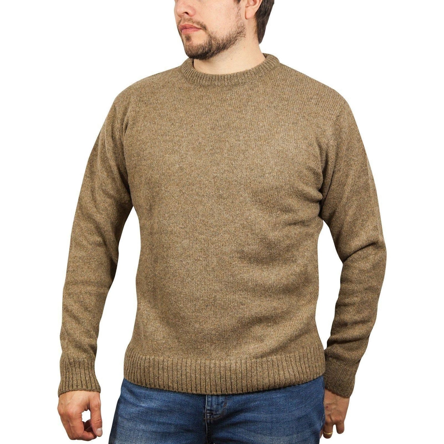 100% SHETLAND WOOL CREW Round Neck Knit JUMPER Pullover Mens Sweater Knitted - Nutmeg (23) - S - Magdasmall