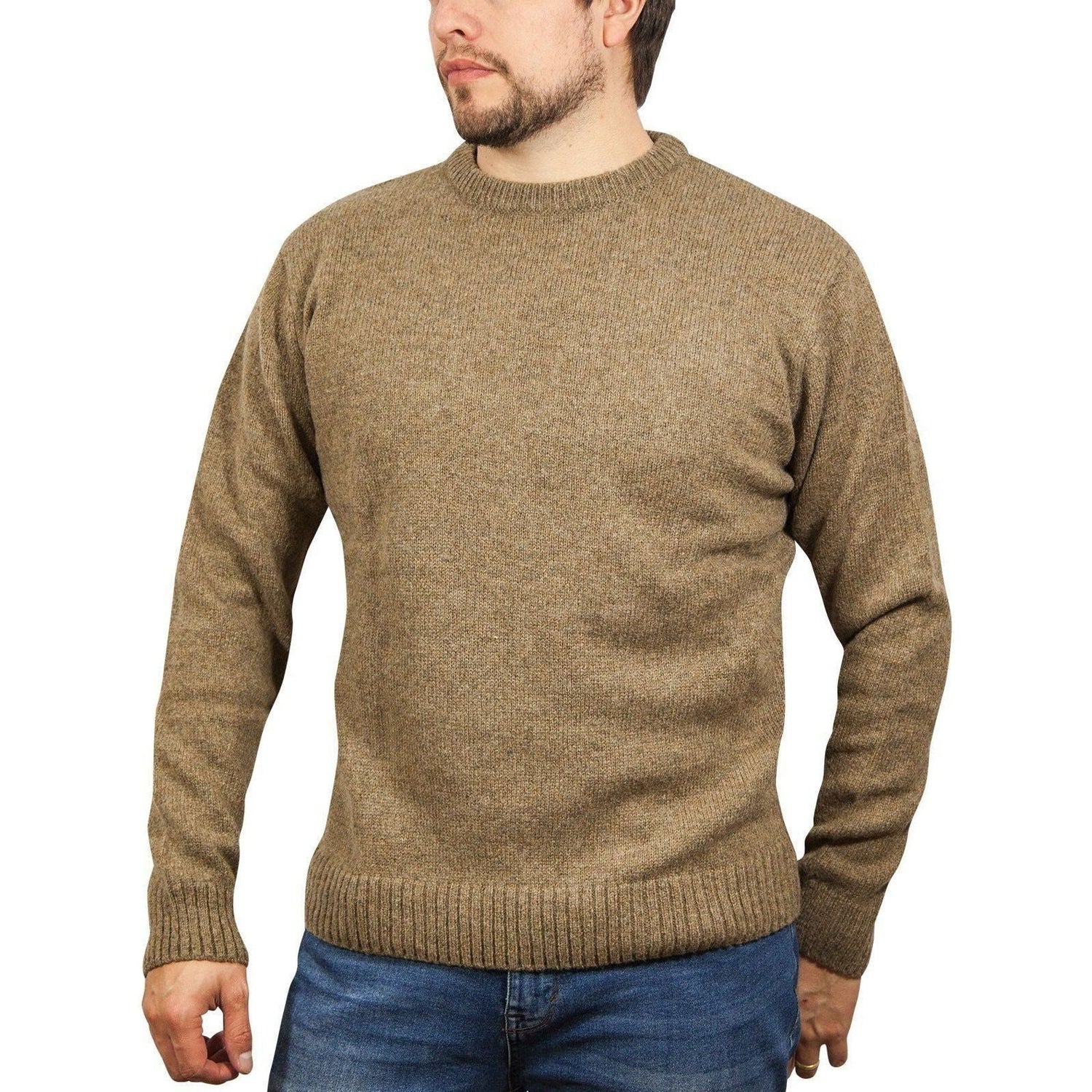 100% SHETLAND WOOL CREW Round Neck Knit JUMPER Pullover Mens Sweater Knitted - Nutmeg (23) - S - Magdasmall