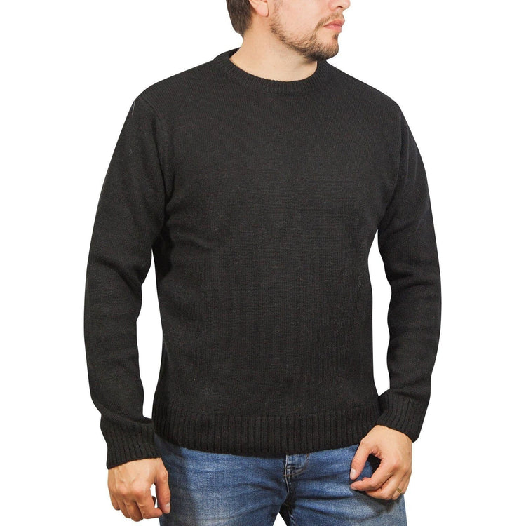 100% SHETLAND WOOL CREW Round Neck Knit JUMPER Pullover Mens Sweater Knitted - Plain Black - 4XL - Magdasmall