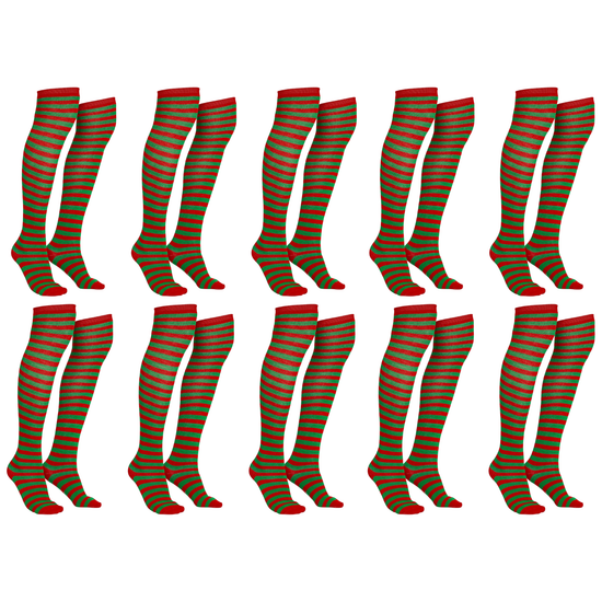 10x Christmas Over The Knee Socks Red Green Xmas Candy Cane Striped Elf Bulk - Magdasmall