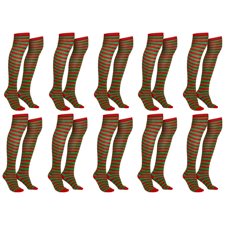10x Christmas Over The Knee Socks Red Green Xmas Candy Cane Striped Elf Bulk - Magdasmall