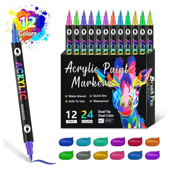 12-Pack Dual-Tip Acrylic Paint Markers - 24 Vibrant Colors, Waterproof & Quick-Dry for Art Projects - Magdasmall