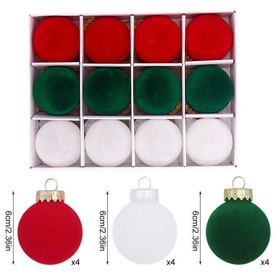 12-Piece Velvet Christmas Ornament Set - Classic Red, Green, and White Baubles for Holiday Tree Decoration (6cm) - Magdasmall