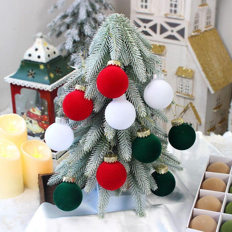 12-Piece Velvet Christmas Ornament Set - Classic Red, Green, and White Baubles for Holiday Tree Decoration (6cm) - Magdasmall