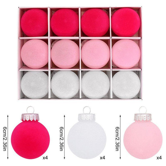 12-Piece Velvet Christmas Ornament Set - Classic Red, Pink, and White Baubles for Holiday Tree Decoration (6cm) - Magdasmall