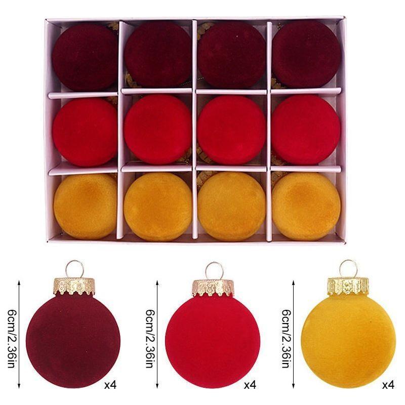 12-Piece Velvet Christmas Ornament Set - Classic Wine Red, Red, and Yellow Baubles for Holiday Tree Decoration (6cm) - Magdasmall