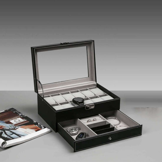 12 Slot PU Leather Lockable Watch and Jewelry Storage Boxes (Black) - Magdasmall