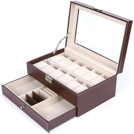 12 Slot PU Leather Lockable Watch and Jewelry Storage Boxes (Brown) - Magdasmall