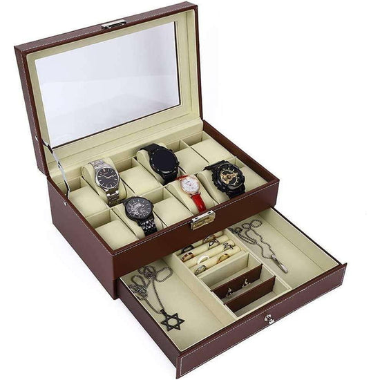 12 Slot PU Leather Lockable Watch and Jewelry Storage Boxes (Brown) - Magdasmall