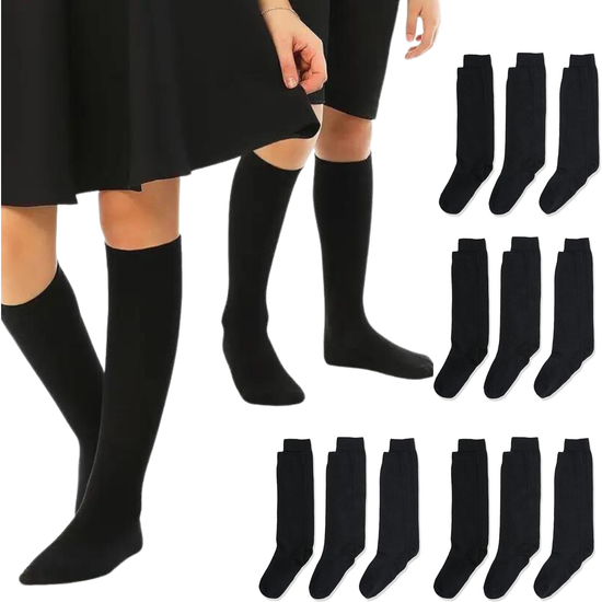 12x Pairs School Uniform Knee High Socks Cotton Rich Girls Boys Kids Bulk - Black - 9-12 (5-8 Years Old) - Magdasmall