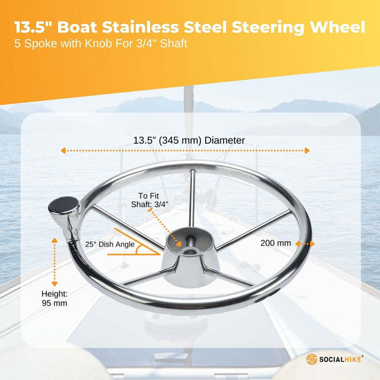 13.5" Boat Stainless Steel Steering Wheel - 5 Spoke with Knob For 3/4" Shaft - Magdasmall
