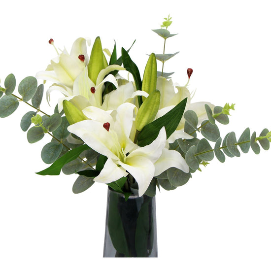 Premium Faux White Lily in Glass Vase (Tiger Lily Bouquet With Eucalyptus)