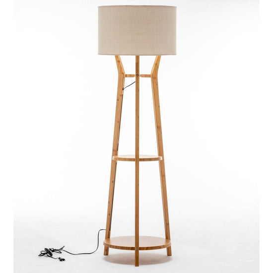 168cm Large Bamboo Wooden Tripod Floor Lamp Light Modern Linen Shade w Shelves - Magdasmall