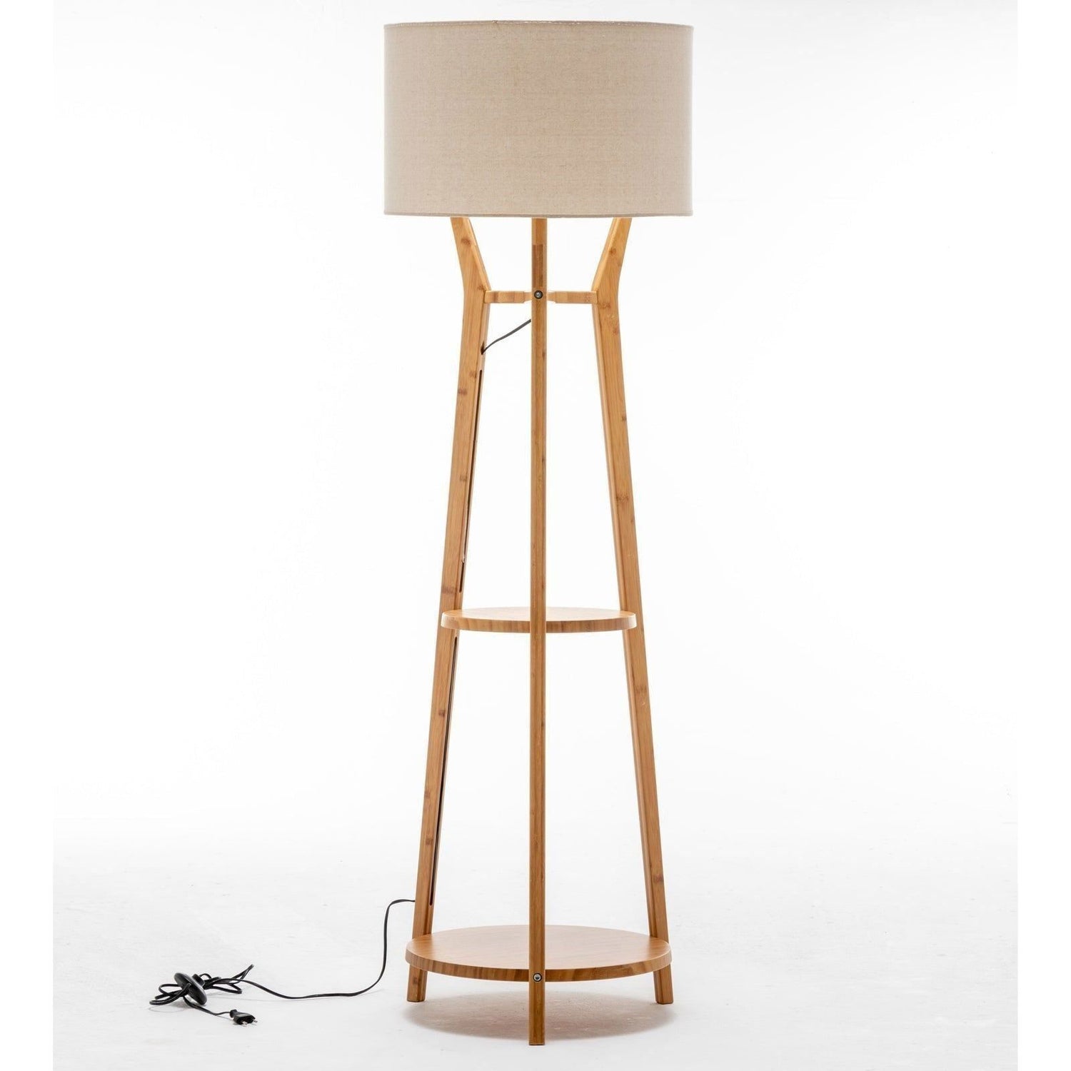 168cm Large Bamboo Wooden Tripod Floor Lamp Light Modern Linen Shade w Shelves - Magdasmall