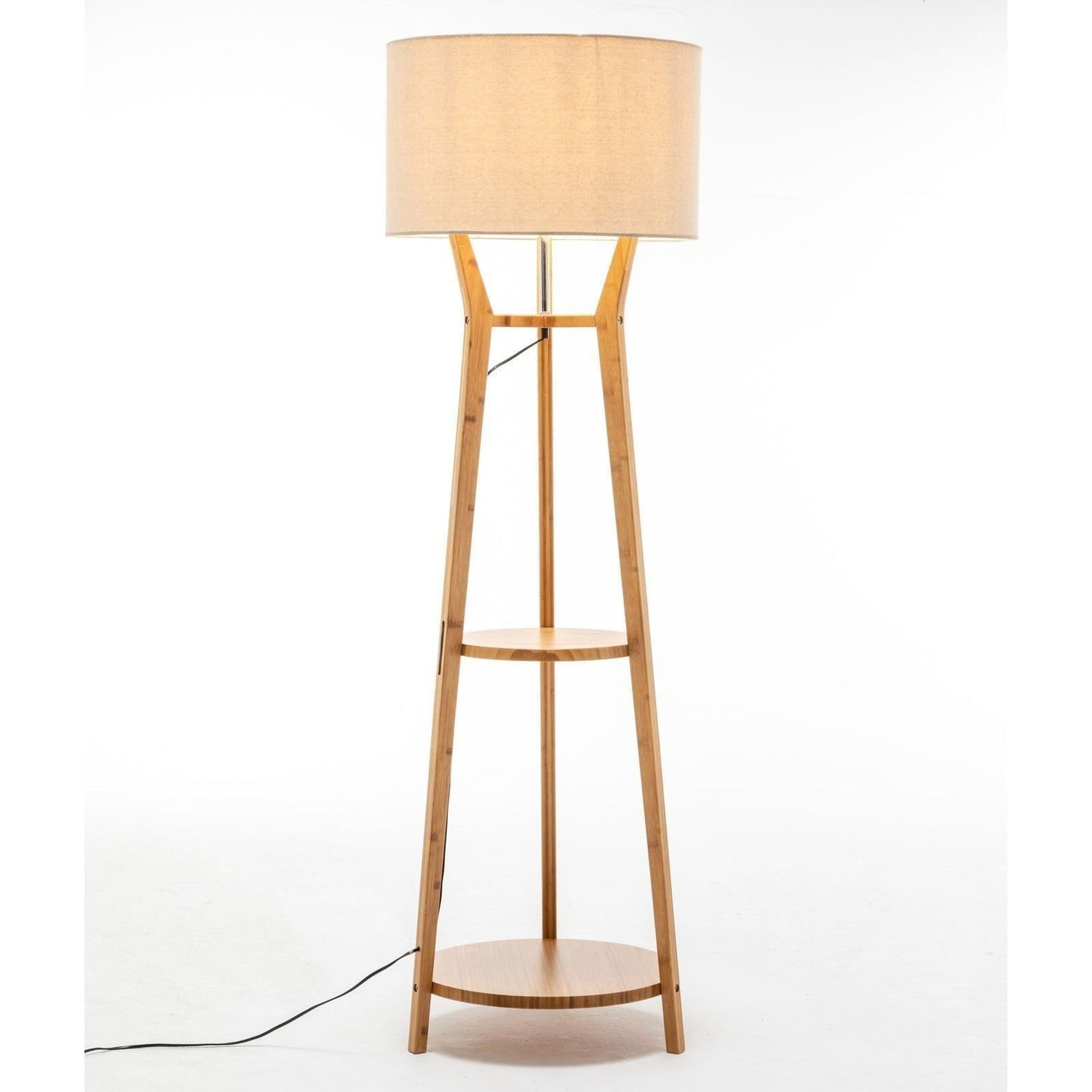 168cm Large Bamboo Wooden Tripod Floor Lamp Light Modern Linen Shade w Shelves - Magdasmall