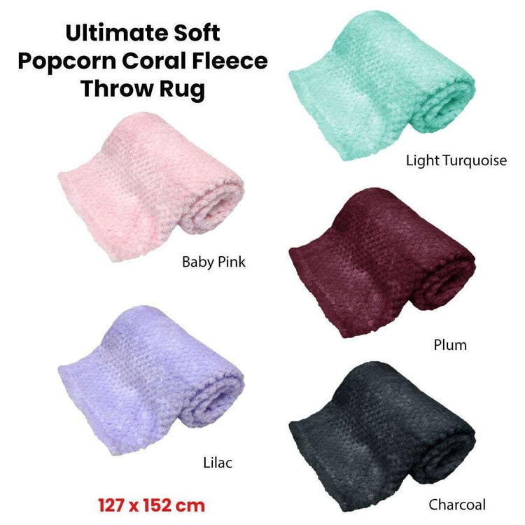 180GSM Soft Popcorn Coral Fleece Throw Rug 127 x 152cm Light Turquoise - Magdasmall