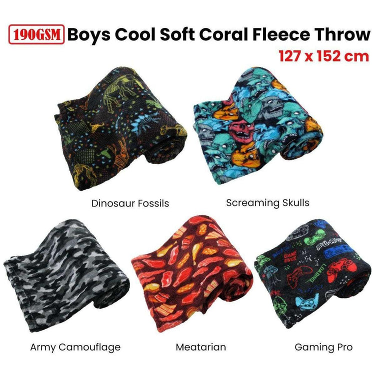190GSM Boys Cool Ultra Soft Coral Fleece Throw 127 x 152cm Dinosaur Fossils - Magdasmall