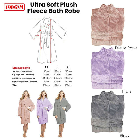 190GSM Ultra Soft Plush Fleece Bath Robe Grey M