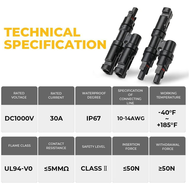 1 Pair 2 To 1 2 branch Waterproof T Branch Cable Connectors Solar PV Panel Connector Male & Female - Magdasmall