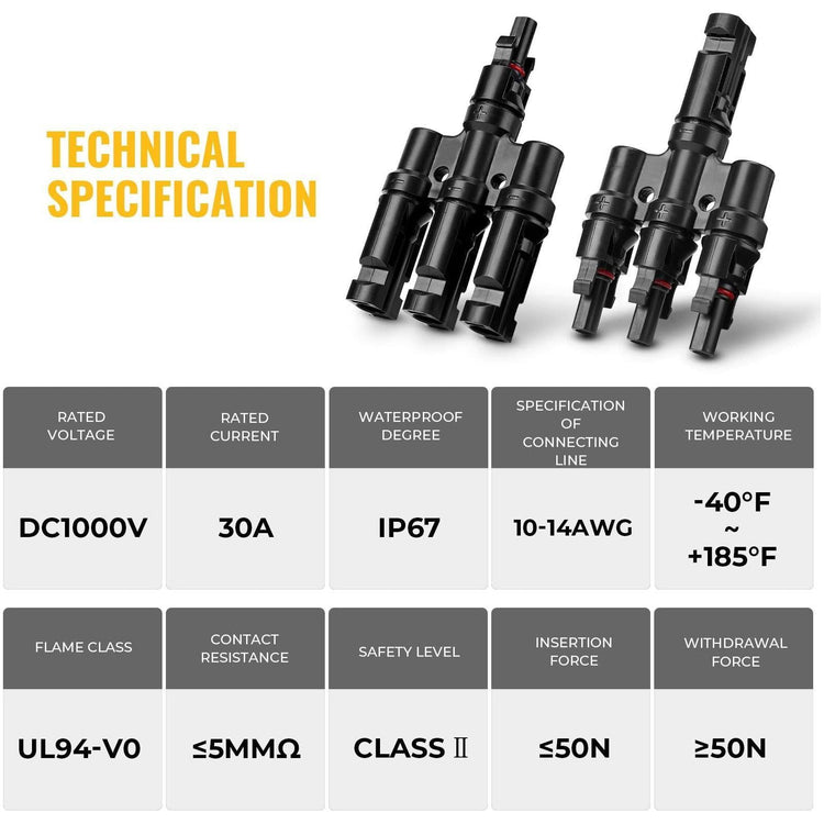 1 Pair 3 To 1 3 branch Waterproof T Branch Cable Connectors Solar PV Panel Connector Male & Female - Magdasmall
