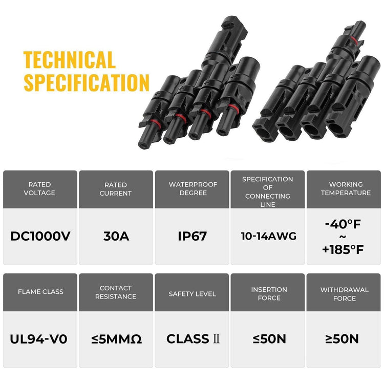 1 Pair 4 To 1 4 branch Waterproof T Branch Cable Connectors Solar PV Panel Connector Male & Female - Magdasmall