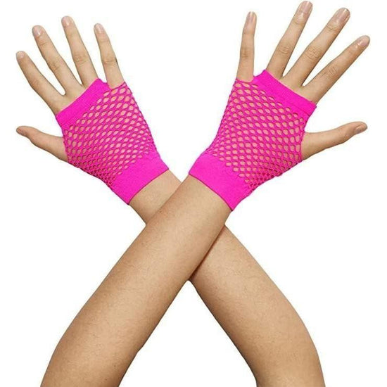 1 Pair Fishnet Gloves Fingerless Wrist Length 70s 80s Costume Party - Hot Pink - Magdasmall