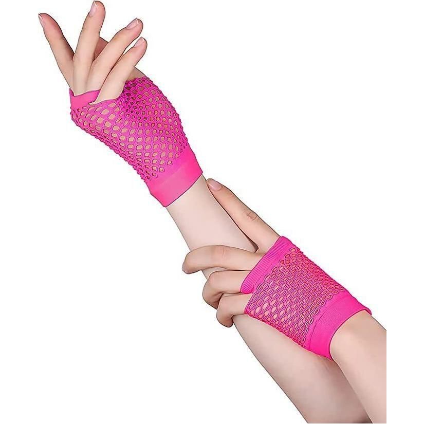 1 Pair Fishnet Gloves Fingerless Wrist Length 70s 80s Costume Party - Hot Pink - Magdasmall