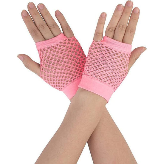 1 Pair Fishnet Gloves Fingerless Wrist Length 70s 80s Costume Party - Light Pink - Magdasmall