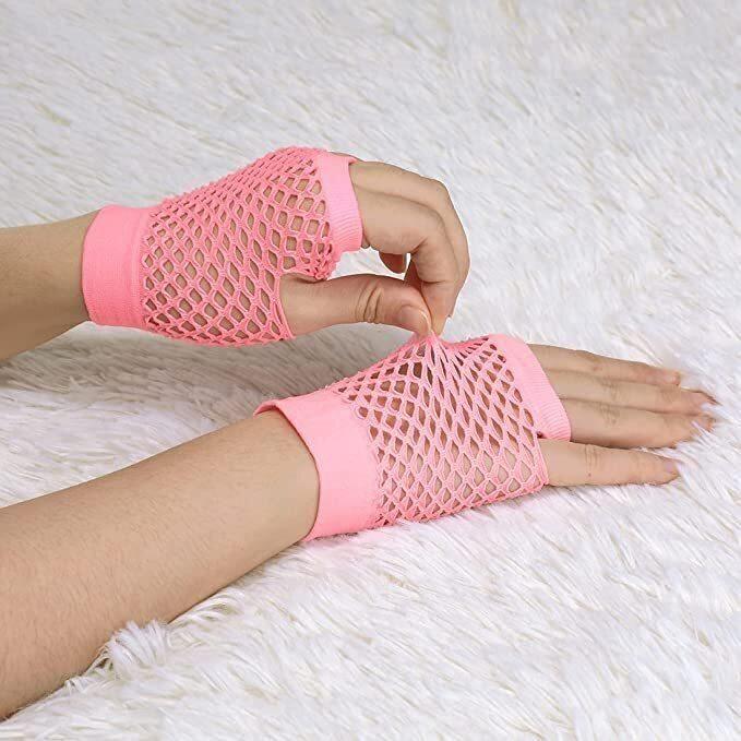 1 Pair Fishnet Gloves Fingerless Wrist Length 70s 80s Costume Party - Light Pink - Magdasmall