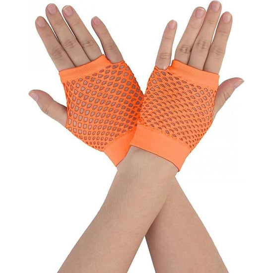 1 Pair Fishnet Gloves Fingerless Wrist Length 70s 80s Costume Party - Orange - Magdasmall