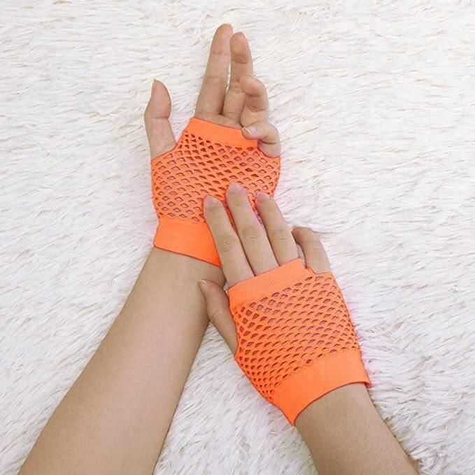 1 Pair Fishnet Gloves Fingerless Wrist Length 70s 80s Costume Party - Orange - Magdasmall