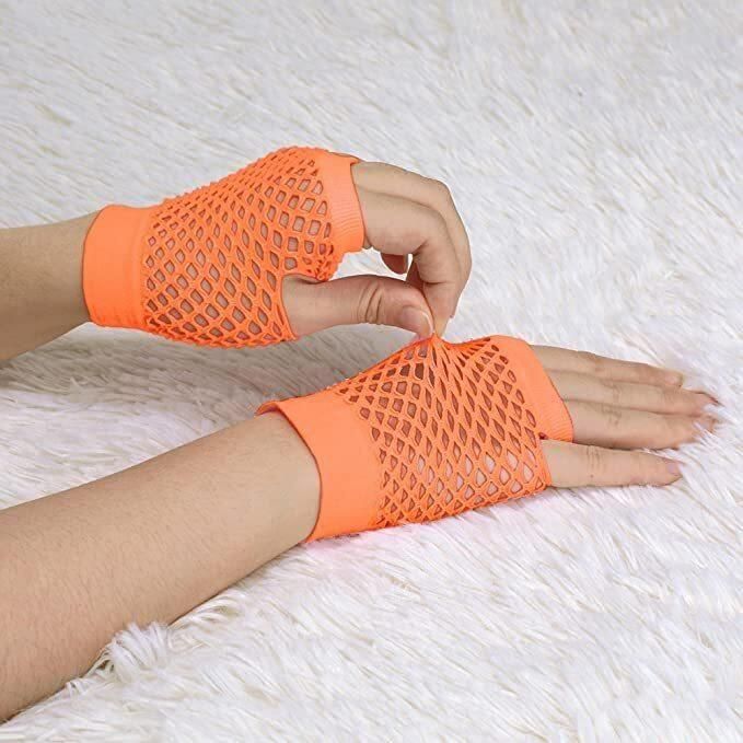 1 Pair Fishnet Gloves Fingerless Wrist Length 70s 80s Costume Party - Orange - Magdasmall