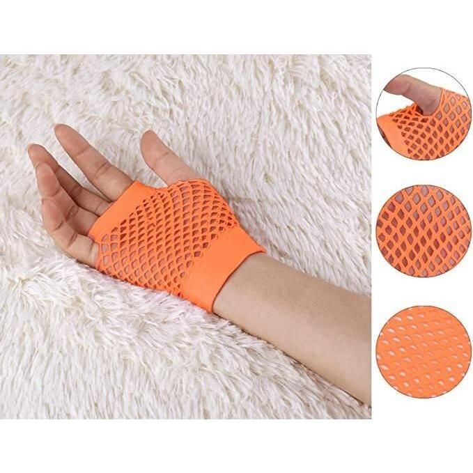 1 Pair Fishnet Gloves Fingerless Wrist Length 70s 80s Costume Party - Orange - Magdasmall