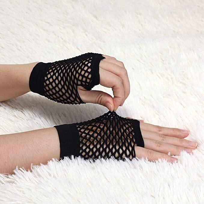 1 Pair Fishnet Gloves Fingerless Wrist Length 70s 80s Costume Party Dance - Black - Magdasmall