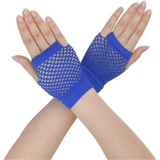 1 Pair Fishnet Gloves Fingerless Wrist Length 70s 80s Costume Party Dance - Blue - Magdasmall
