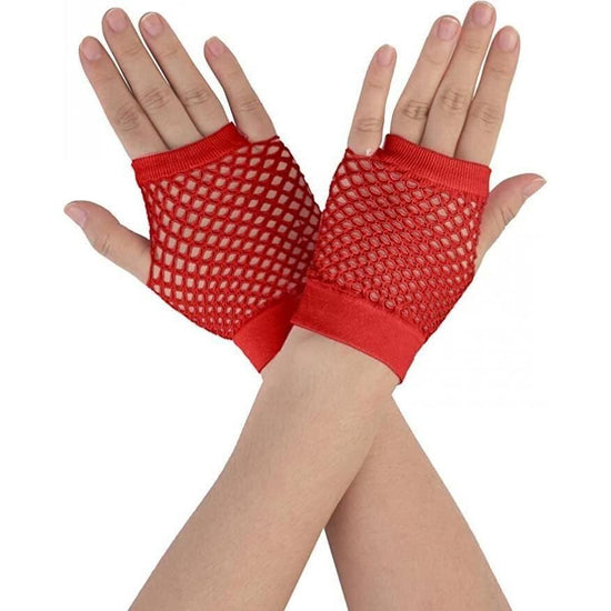 1 Pair Fishnet Gloves Fingerless Wrist Length 70s 80s Costume Party Dance - Red - Magdasmall