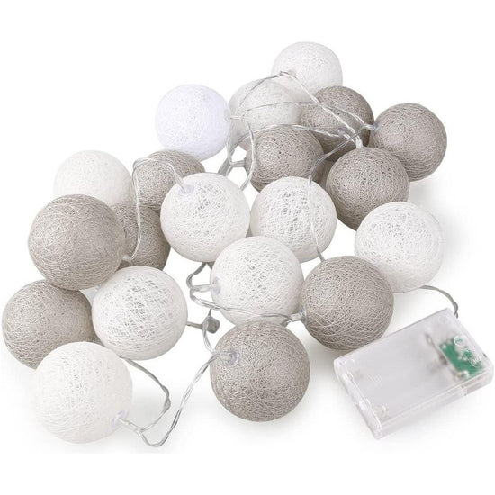 1 Set of 20 LED Grey White 5cm Cotton Ball Battery Powered String Lights Gift Home Wedding Party Bedroom Decoration Outdoor Indoor Table Centrepiece - Magdasmall