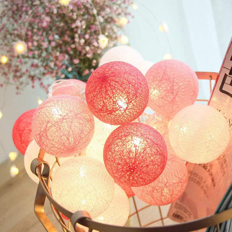 1 Set of 20 LED Pink 5cm Cotton Ball Battery Powered String Lights Christmas Gift Home Wedding Party Girl Bedroom Decoration Outdoor Indoor Table - Magdasmall