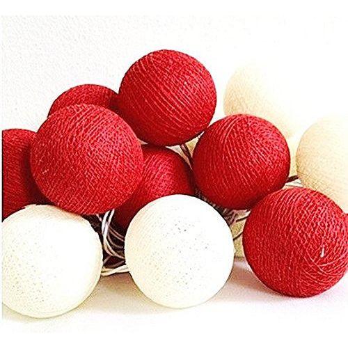 1 Set of 20 LED Red White 5cm Cotton Ball Battery String Lights Christmas Gift Home Wedding Party Bedroom Decoration Outdoor Indoor Table Centrepiece - Magdasmall