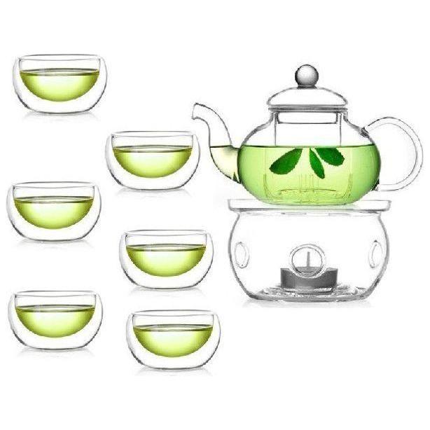 1 Set of Gongfu Chinese Ceremony Tea Set - 6 Glass cups with Infuser and Tealight Candle Pot Warmer - Magdasmall