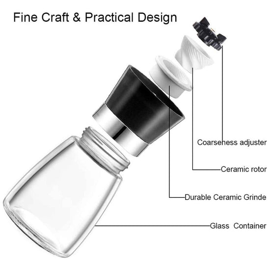 1x 150ml Glass Salt or Pepper Grinder 12cm - Adjustable Ceramic Core Short Mill - Magdasmall
