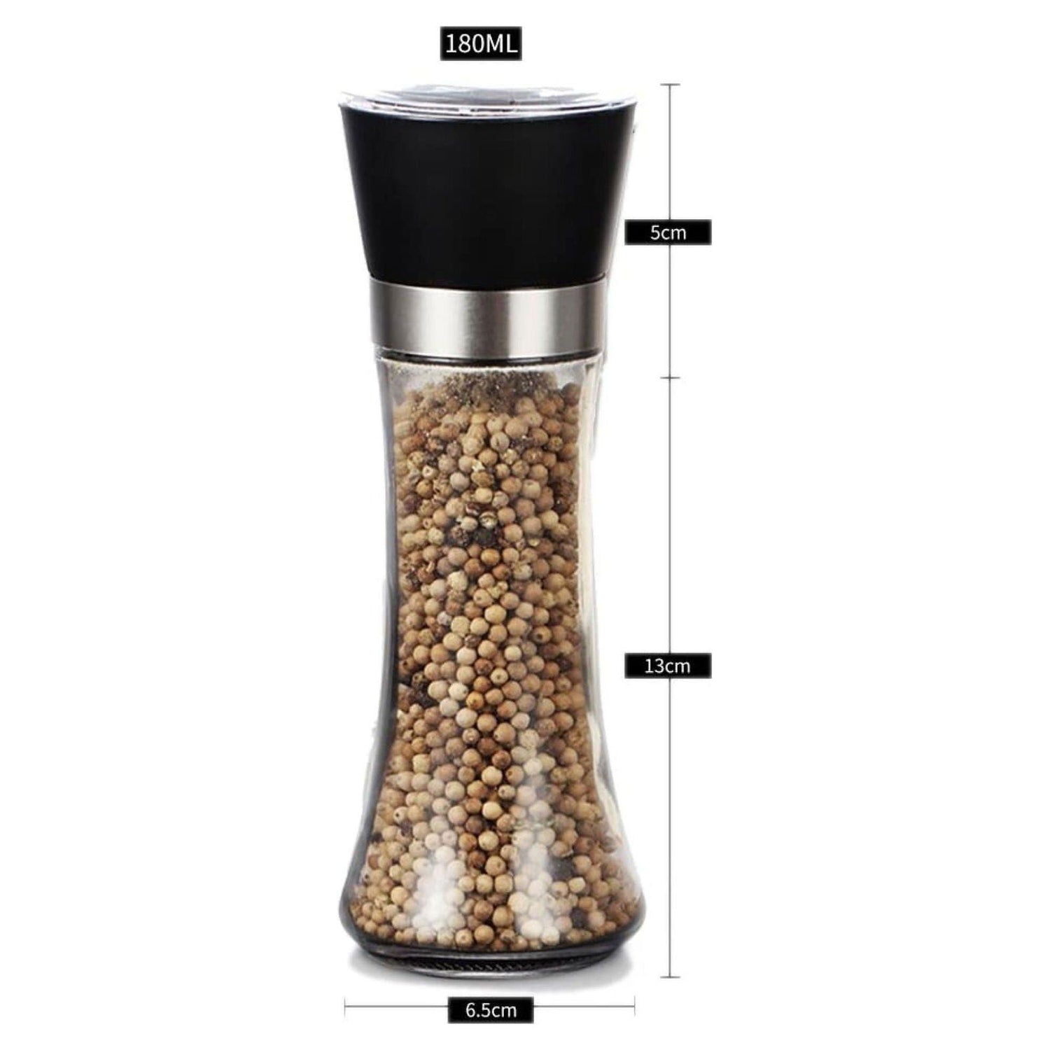 1x 180ml Glass Salt or Pepper Grinder 18cm - Adjustable Ceramic Core Tall Mill - Magdasmall