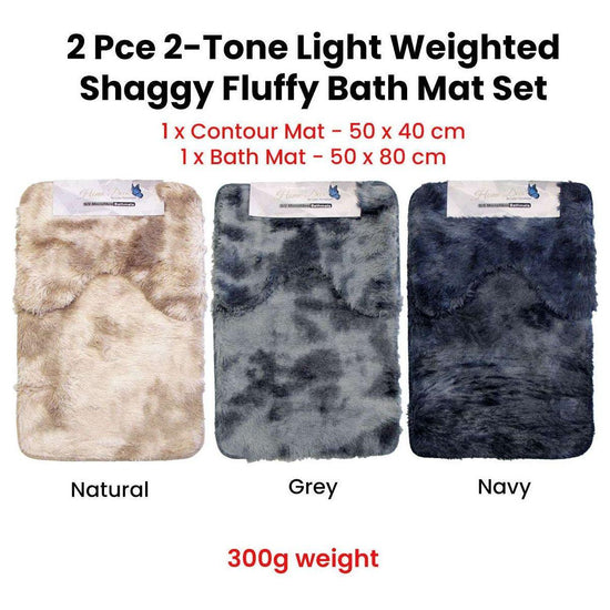 2 Pce 2-Toned Extra Light Weighted Shaggy Fluffy Bath Mat Set Grey - Magdasmall