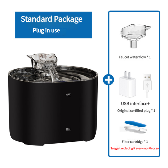 2.2L Standard Package Pet Water Fountain with Faucet Flow and USB Plug – Black Design - Magdasmall