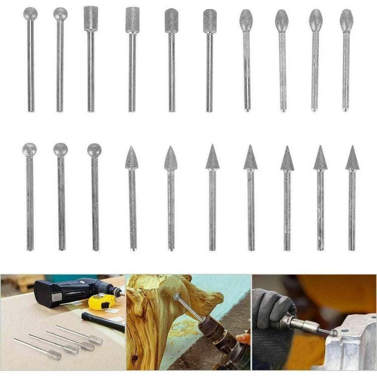 20pcs Diamond Grinding Heads Mini Drill Burrs Bit Set 3mm Shank for Rotary Tool - Magdasmall