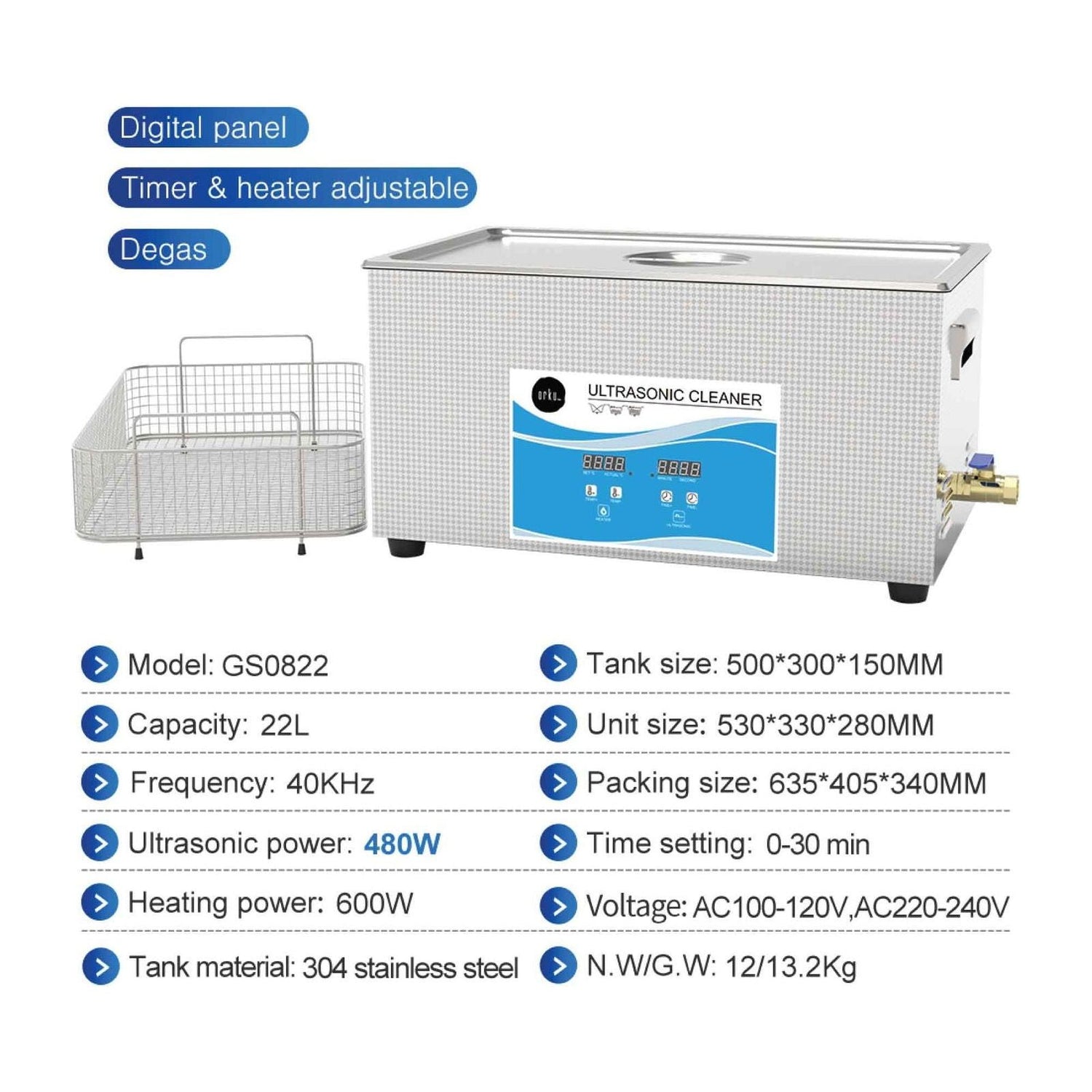 22L Digital Ultrasonic Cleaner Jewelry Ultra Sonic Bath Degas Parts Cleaning - Magdasmall