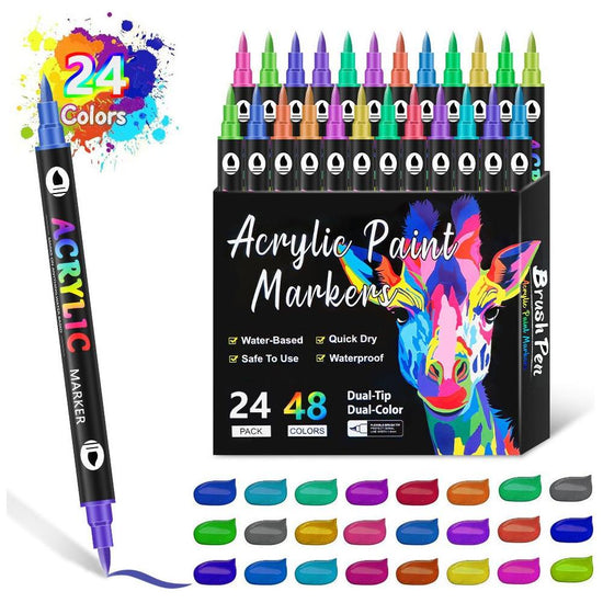24-Pack Dual-Tip Acrylic Paint Markers - 48 Vibrant Colors, Waterproof & Quick-Dry for Art Projects - Magdasmall
