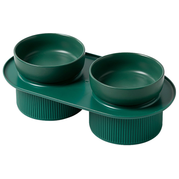 24x Ribbed Ceramic Double Pet Bowl 3pc Set - Emerald - Magdasmall